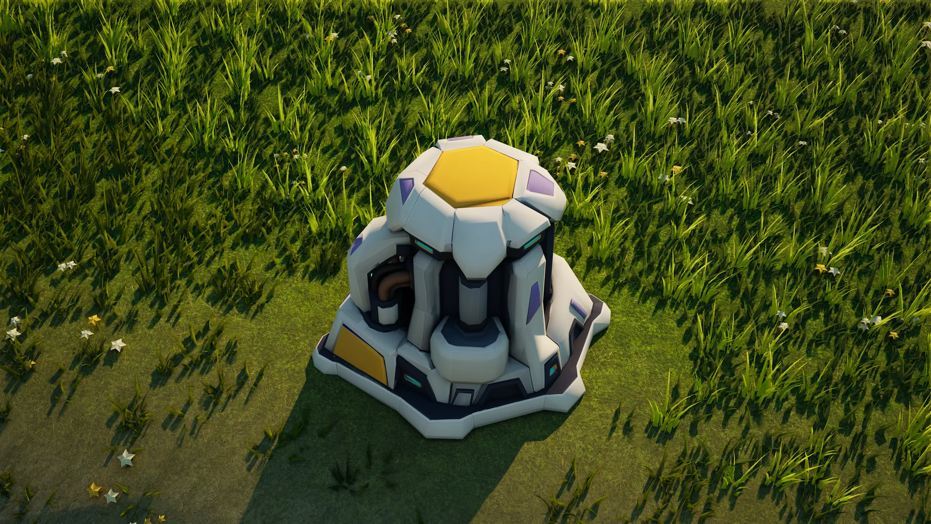 Moonveil Energy storage standing in Hearthland, viewed from above at a three-quarter angle