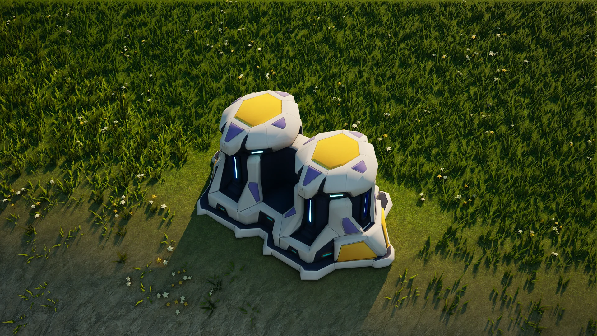 Moonveil Energy storage standing in Hearthland, viewed from above at a three-quarter angle
