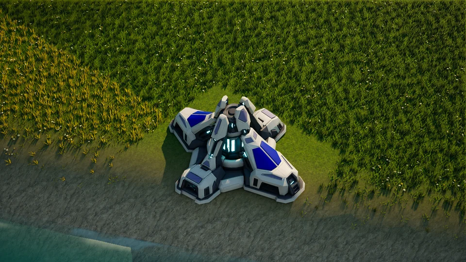 Moonveil Matter extractor standing in Hearthland, viewed from above at a three-quarter angle