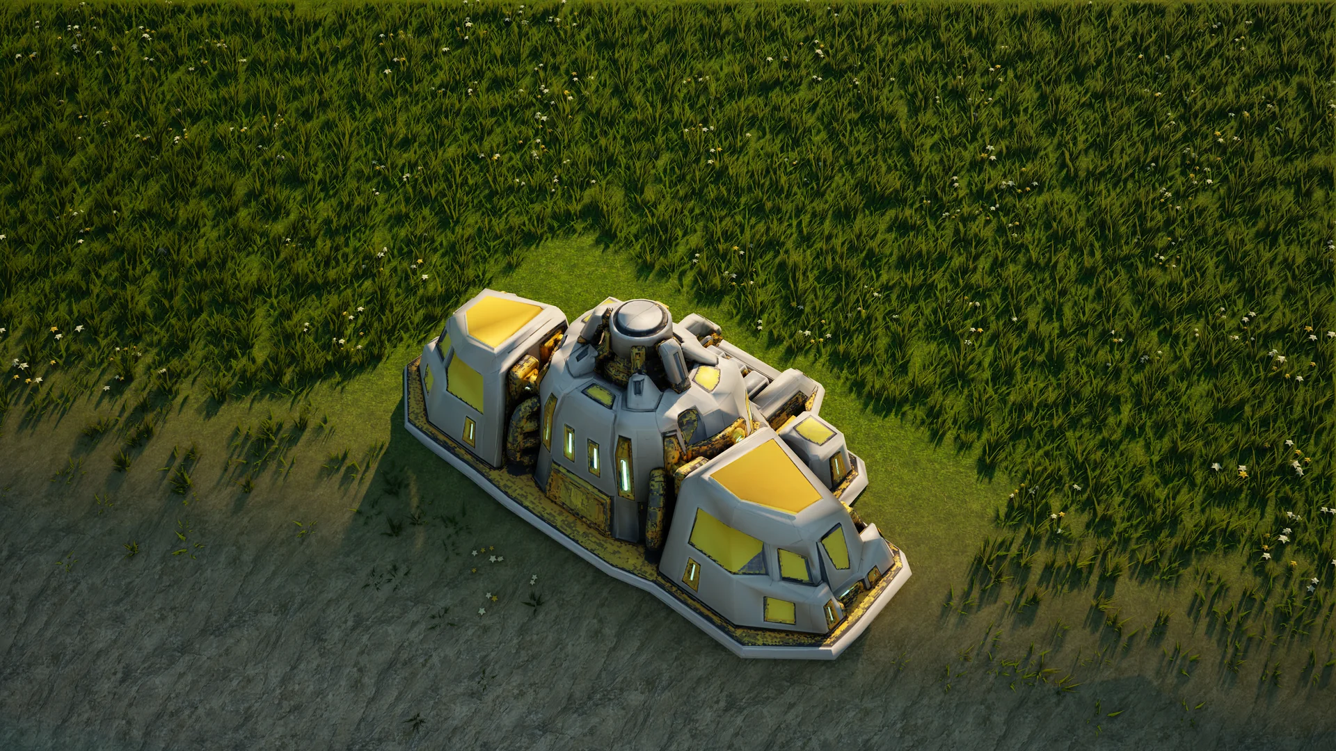 Moonveil Matter fabricator standing in Hearthland, viewed from above at a three-quarter angle