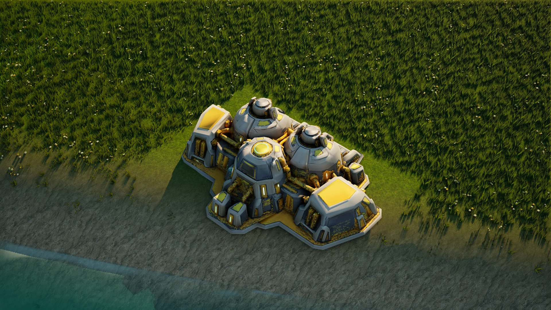 Moonveil Matter fabricator standing in Hearthland, viewed from above at a three-quarter angle