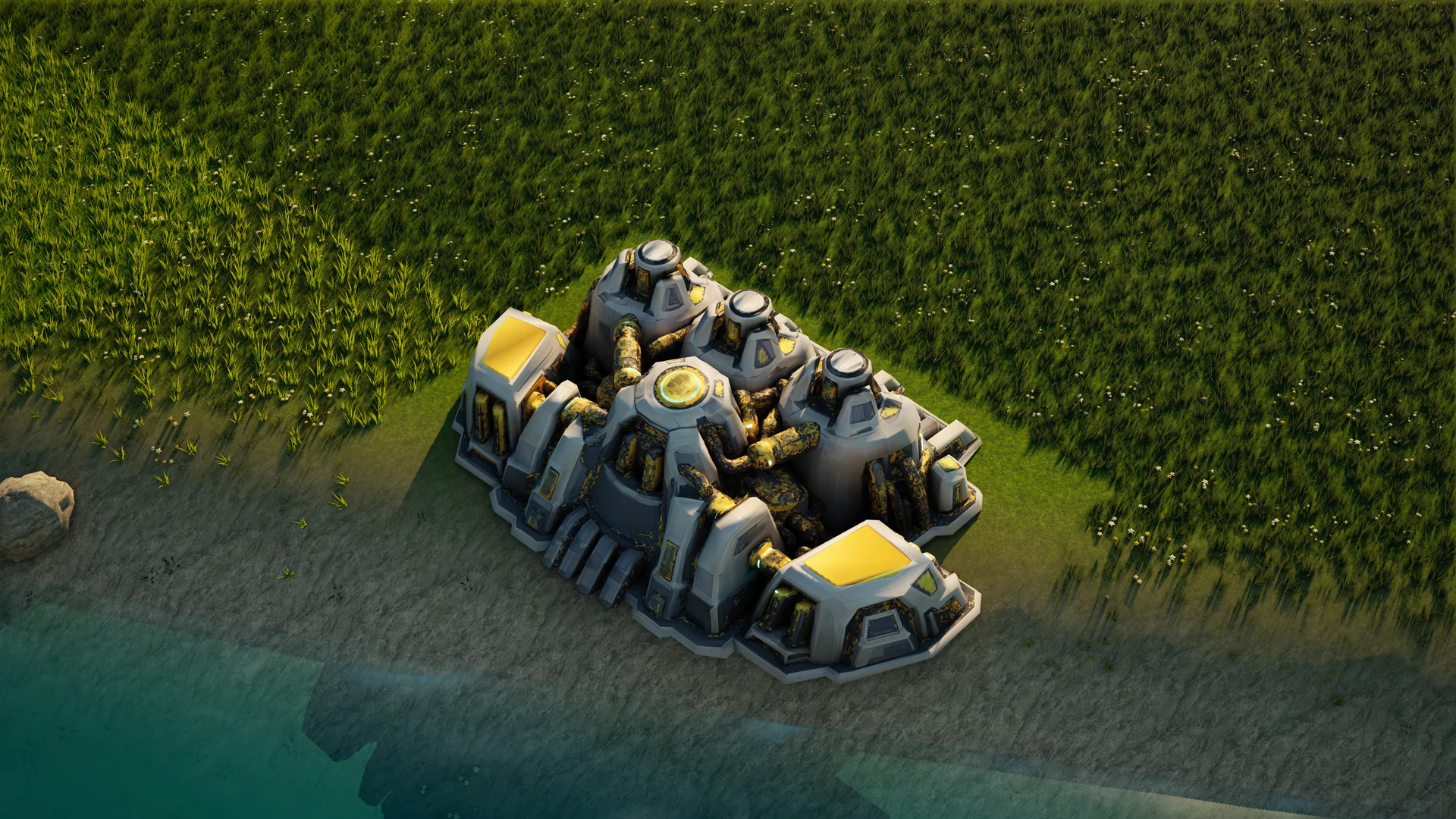 Moonveil Matter fabricator standing in Hearthland, viewed from above at a three-quarter angle