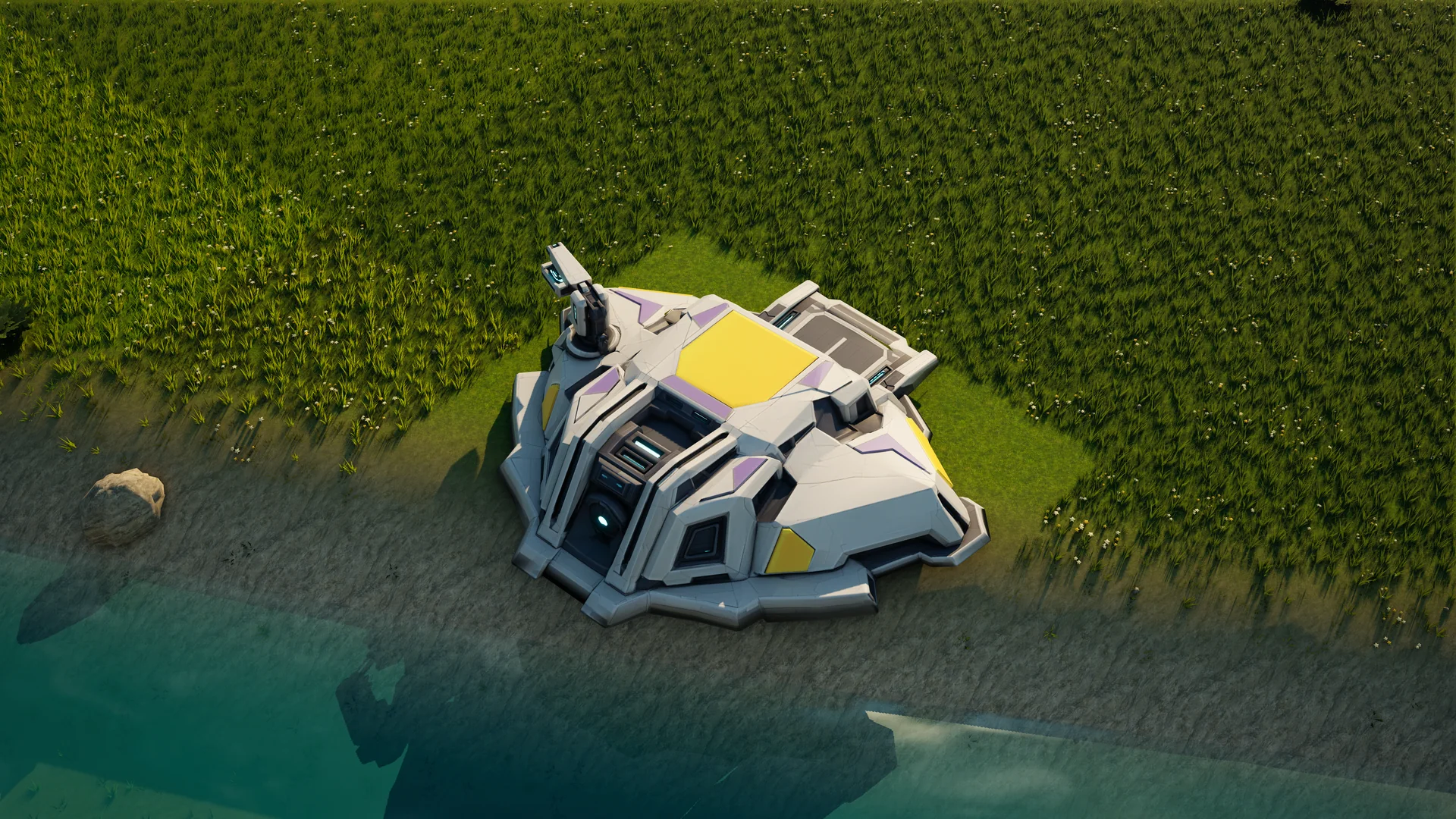 Moonveil Air factory standing in Hearthland, viewed from above at a three-quarter angle