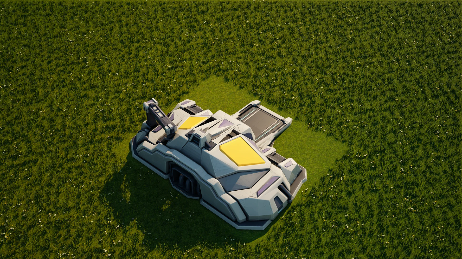Moonveil Air factory standing in Hearthland, viewed from above at a three-quarter angle