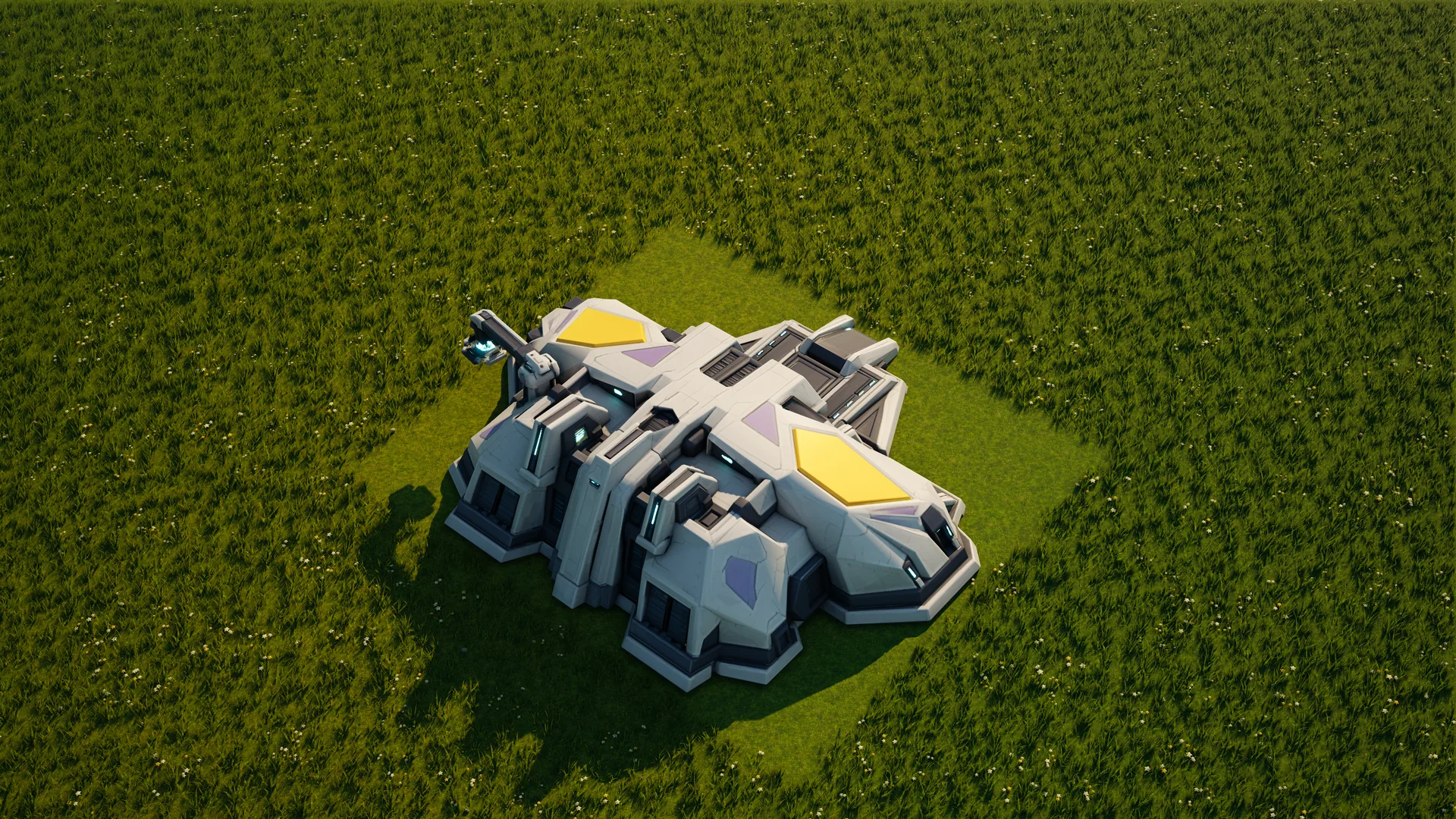 Moonveil Air factory standing in Hearthland, viewed from above at a three-quarter angle