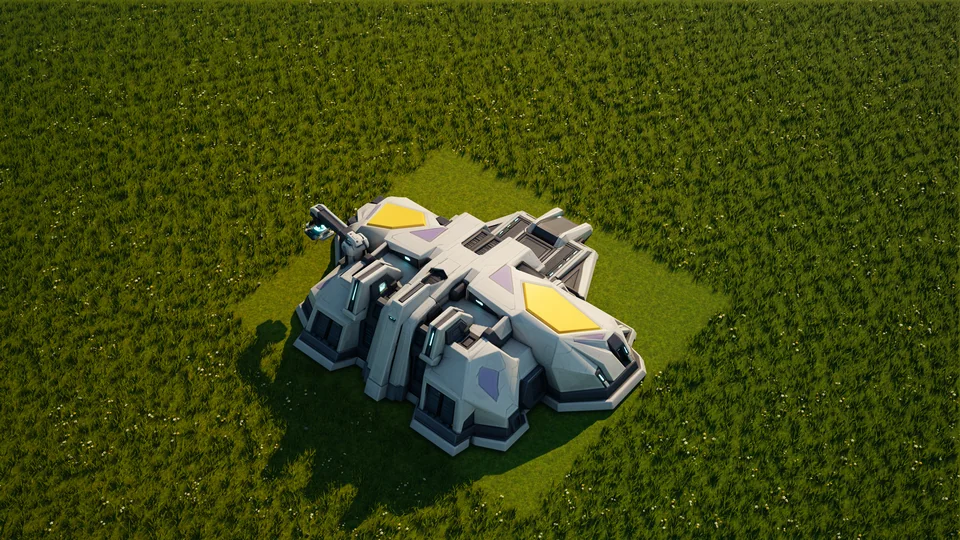 Moonveil Air factory standing in Hearthland, viewed from above at a three-quarter angle