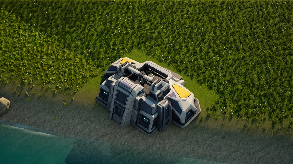 Moonveil Ground factory standing in Hearthland, viewed from above at a three-quarter angle