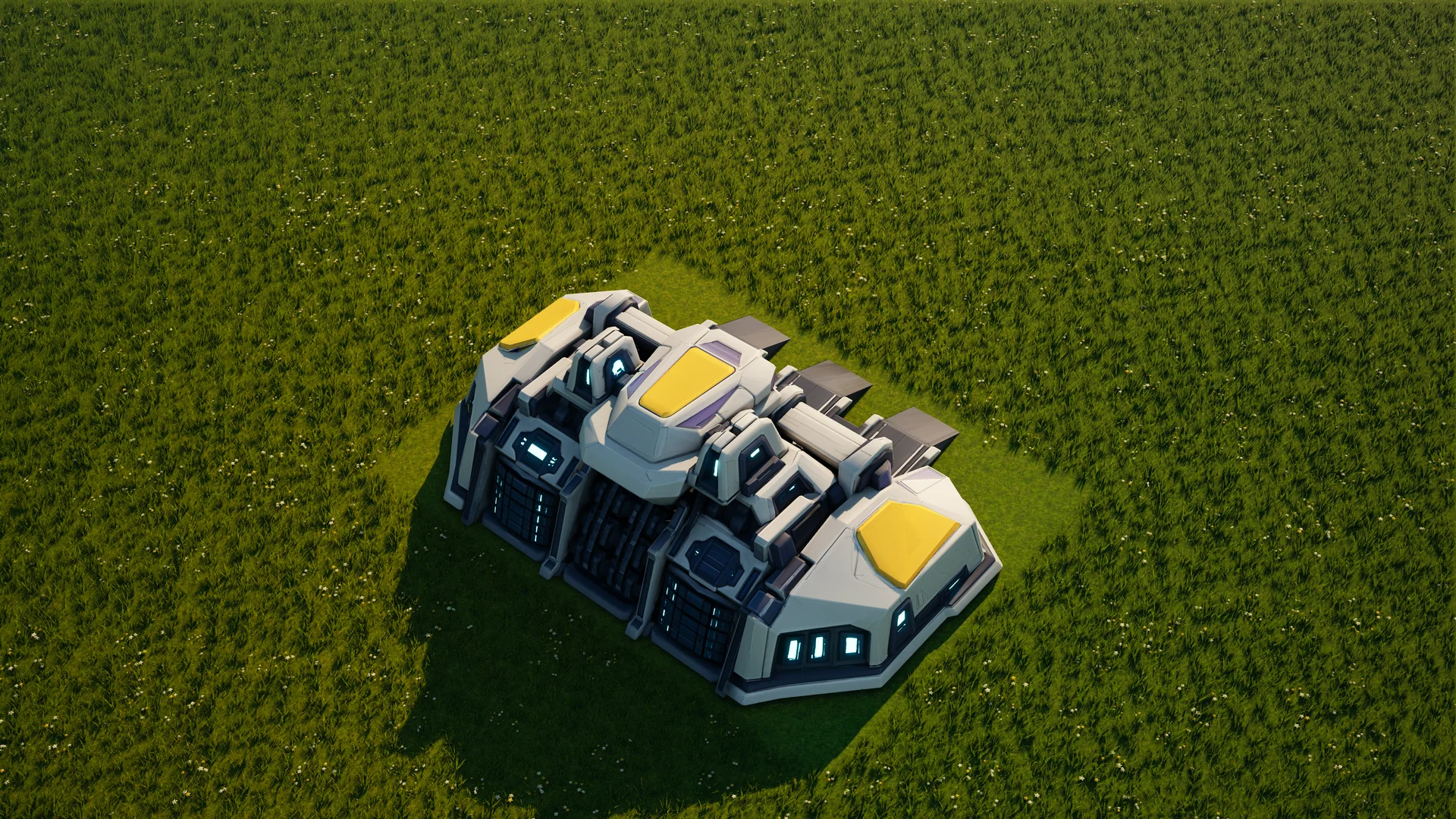 Moonveil Ground factory standing in Hearthland, viewed from above at a three-quarter angle