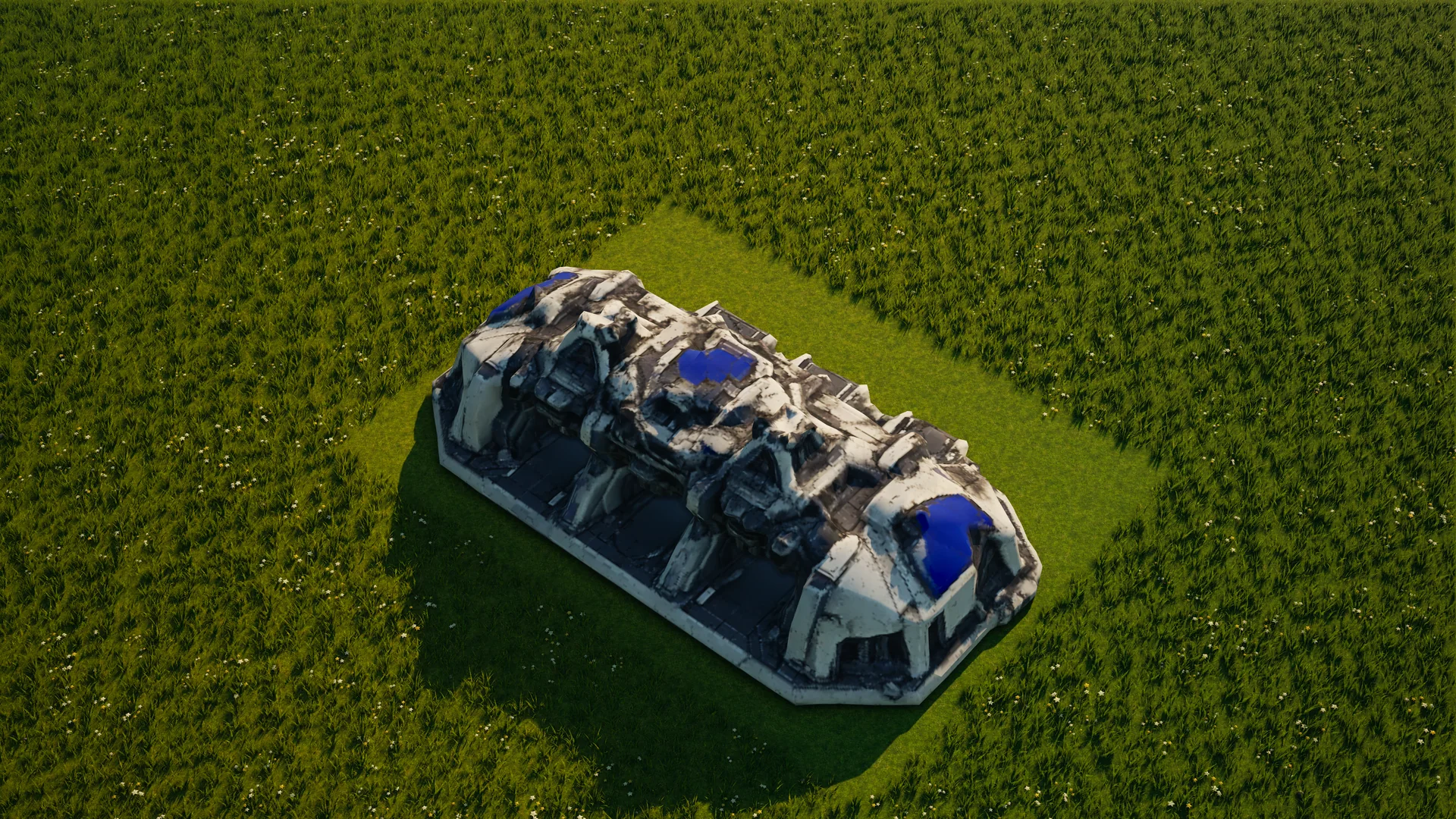 Destroyed Moonveil Ground factory, with collapsed armour and machinery
