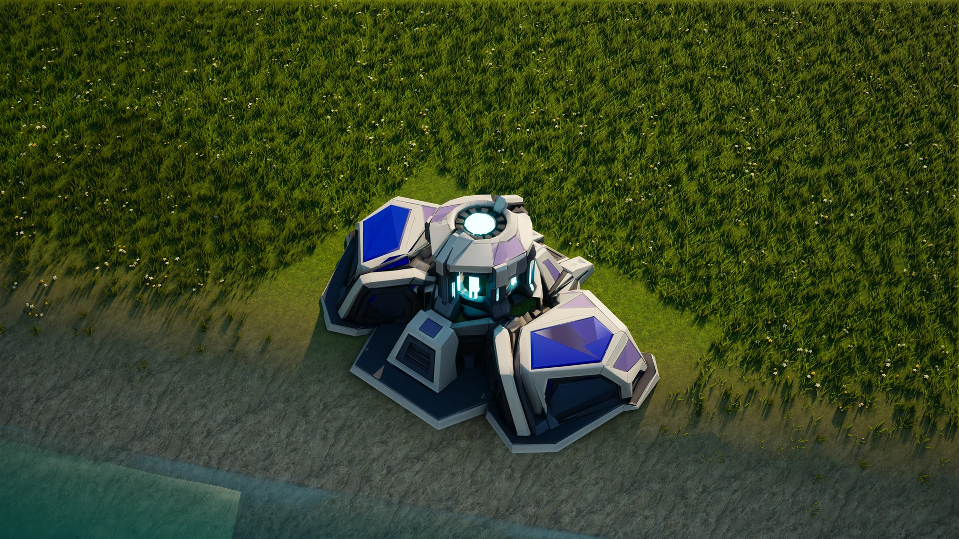 Moonveil Energy generator standing in Hearthland, viewed from above at a three-quarter angle