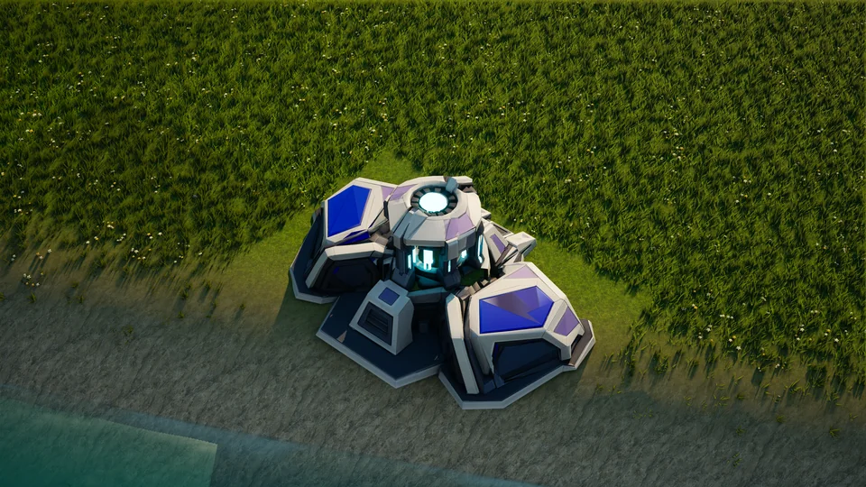 Moonveil Energy generator standing in Hearthland, viewed from above at a three-quarter angle