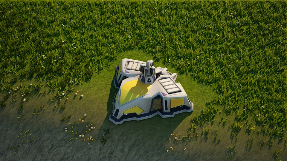 Moonveil Missile interceptor standing in Hearthland, viewed from above at a three-quarter angle