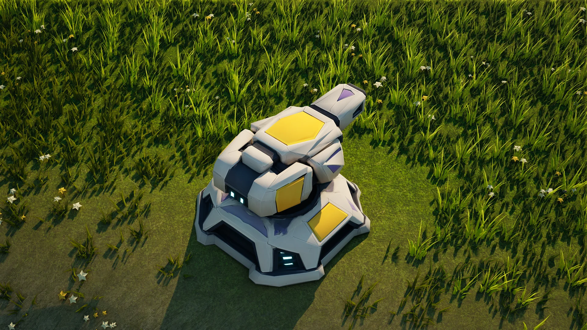 Moonveil Point-defense turret standing in Hearthland, viewed from above at a three-quarter angle