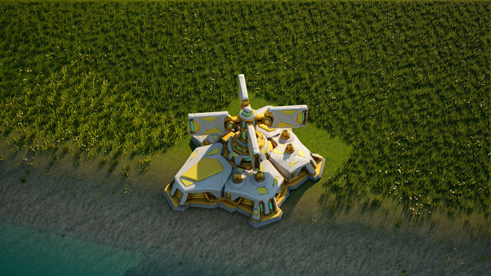 Moonveil Radar disruptor standing in Hearthland, viewed from above at a three-quarter angle