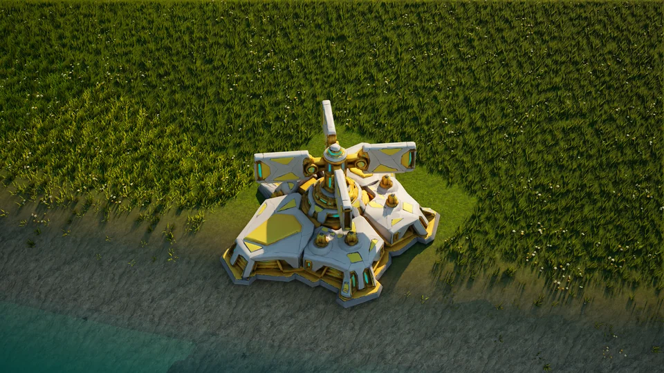 Moonveil Radar disruptor standing in Hearthland, viewed from above at a three-quarter angle