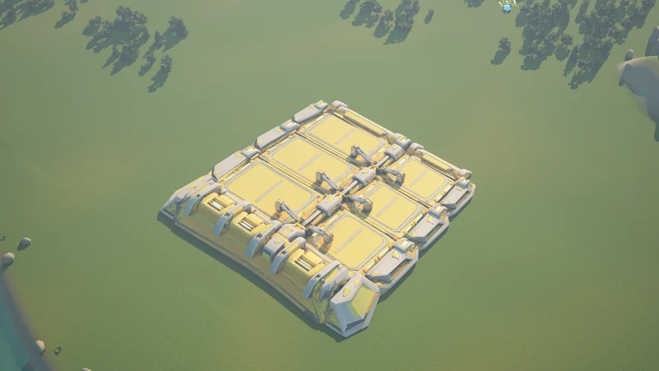Moonveil Refuelling station standing in Hearthland, viewed from above at a three-quarter angle