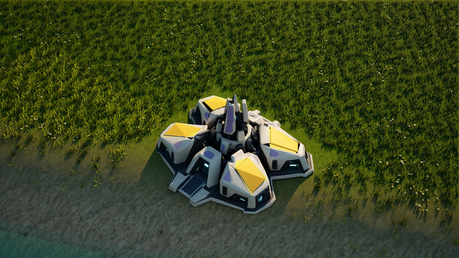 Moonveil Command relay standing in Hearthland, viewed from above at a three-quarter angle