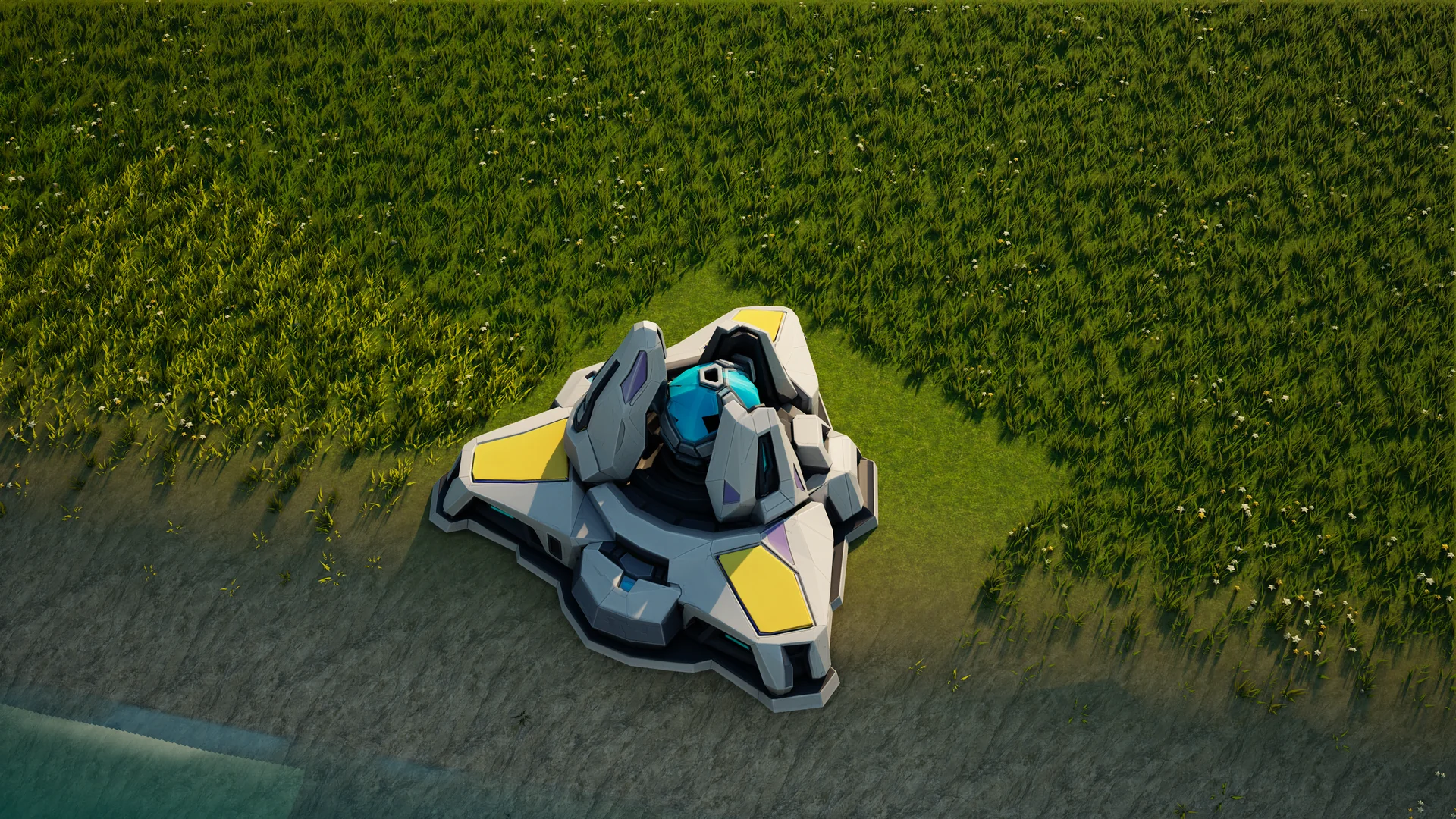 Moonveil Shield generator standing in Hearthland, viewed from above at a three-quarter angle