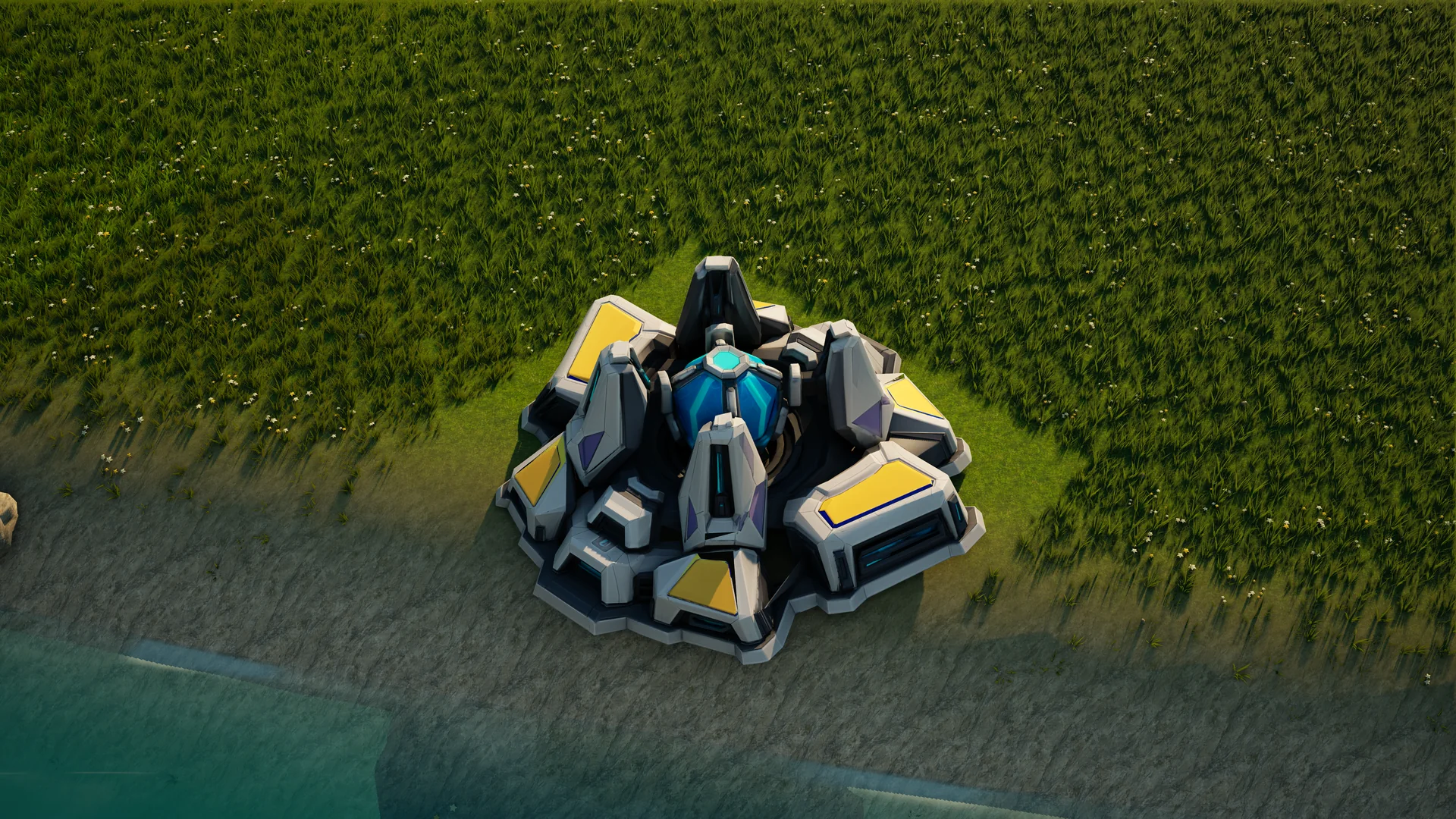 Moonveil Shield generator standing in Hearthland, viewed from above at a three-quarter angle