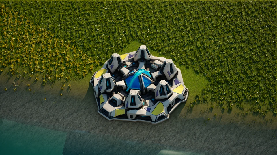 Moonveil Shield generator standing in Hearthland, viewed from above at a three-quarter angle