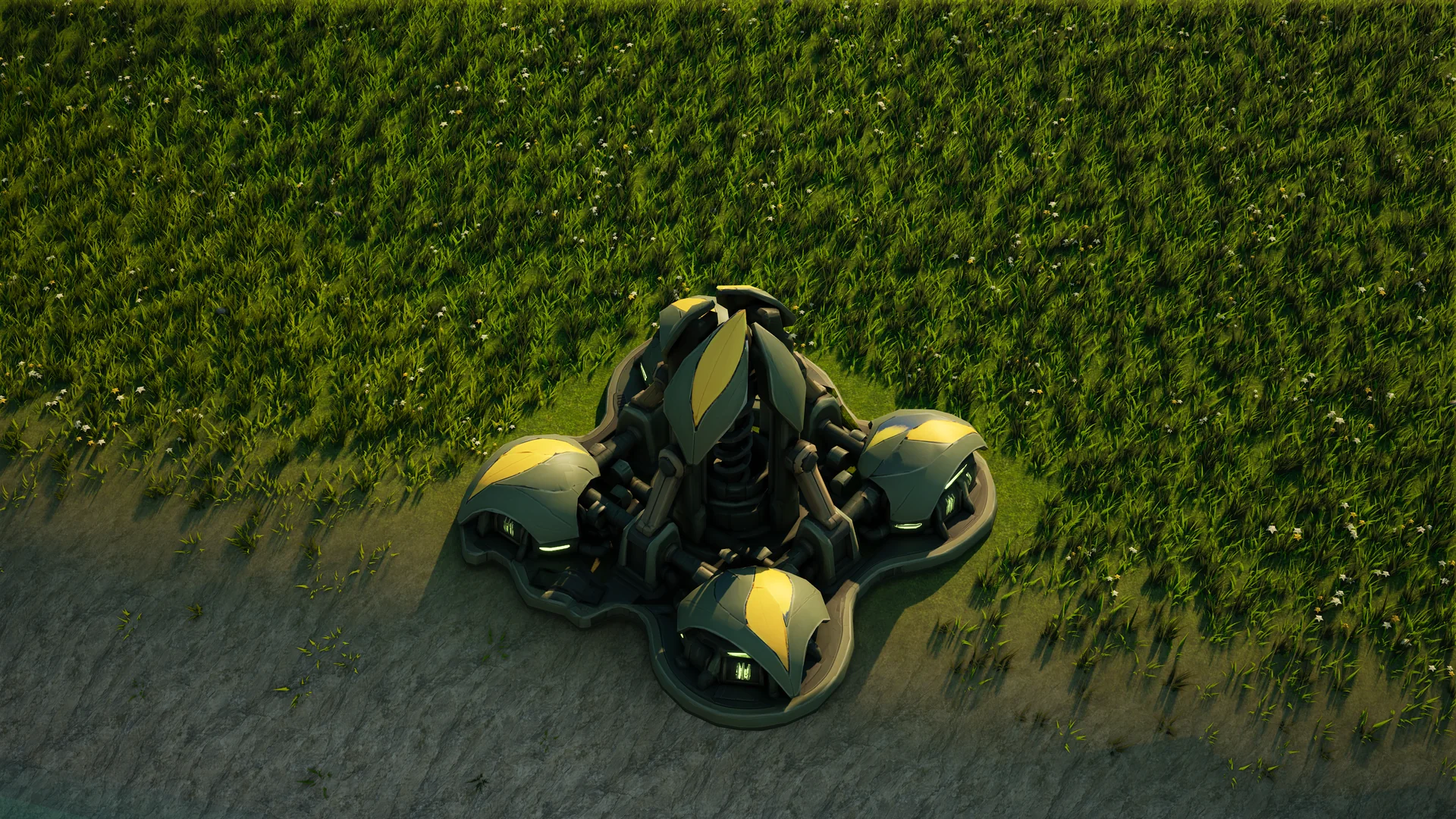 Mossglade Matter extractor standing in Hearthland, viewed from above at a three-quarter angle