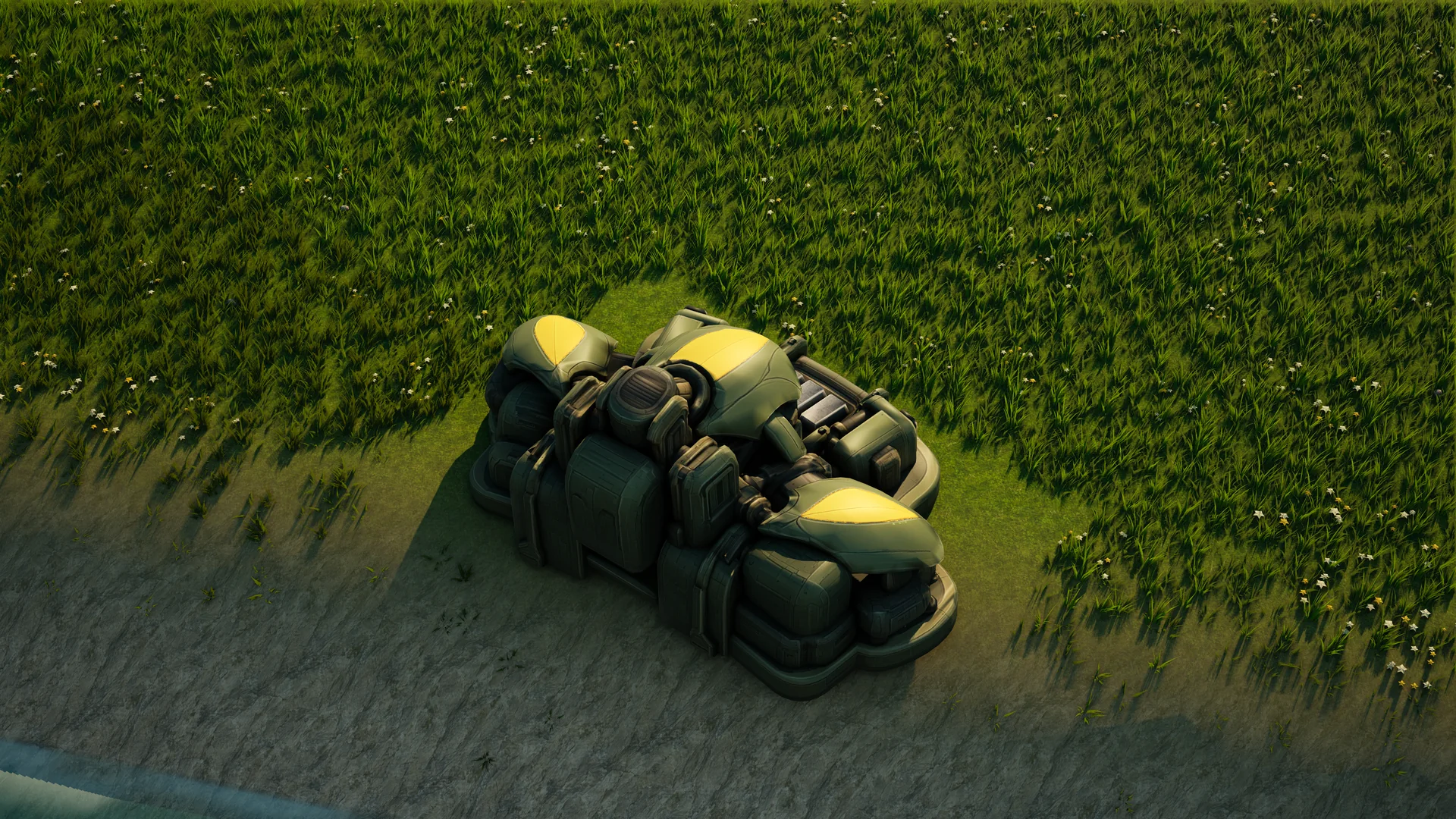 Mossglade Matter fabricator standing in Hearthland, viewed from above at a three-quarter angle