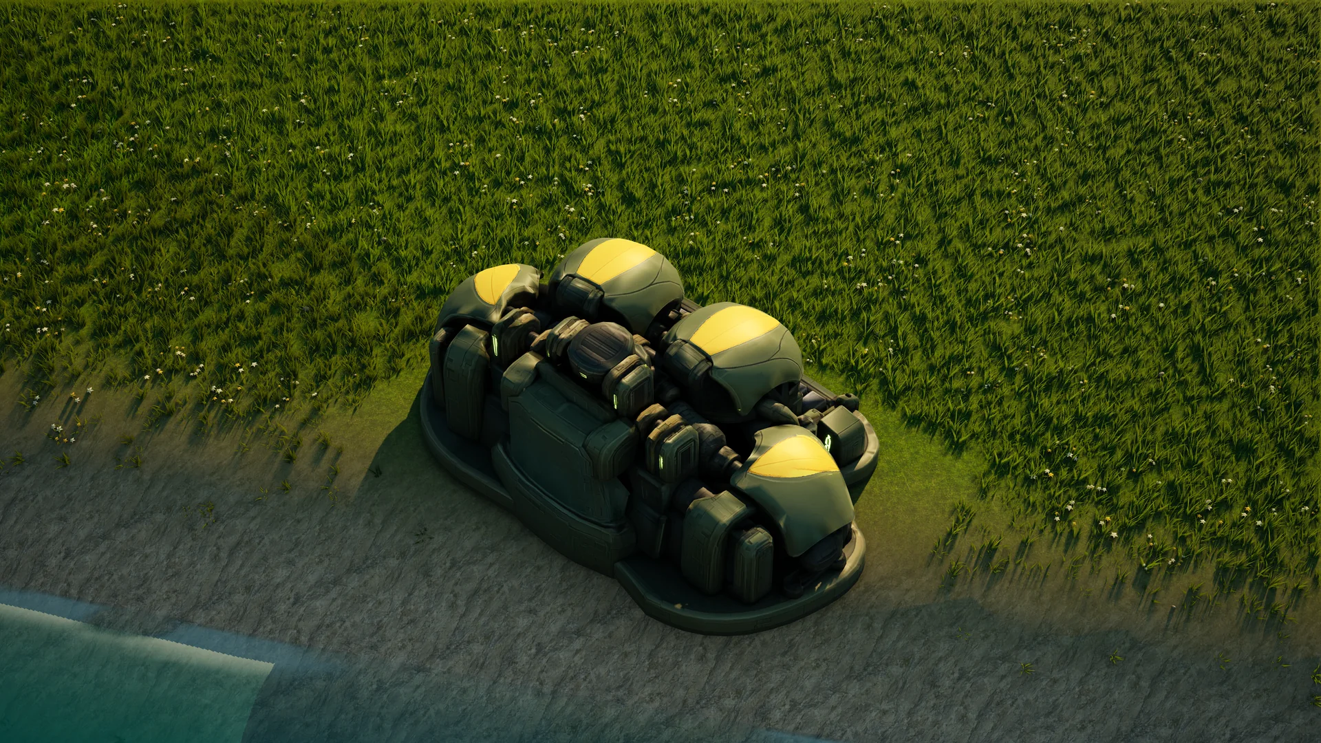 Mossglade Matter fabricator standing in Hearthland, viewed from above at a three-quarter angle