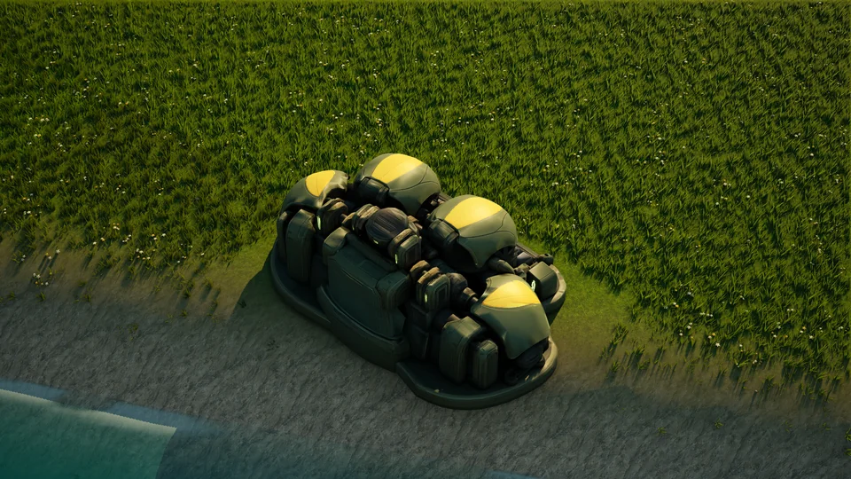 Mossglade Matter fabricator standing in Hearthland, viewed from above at a three-quarter angle
