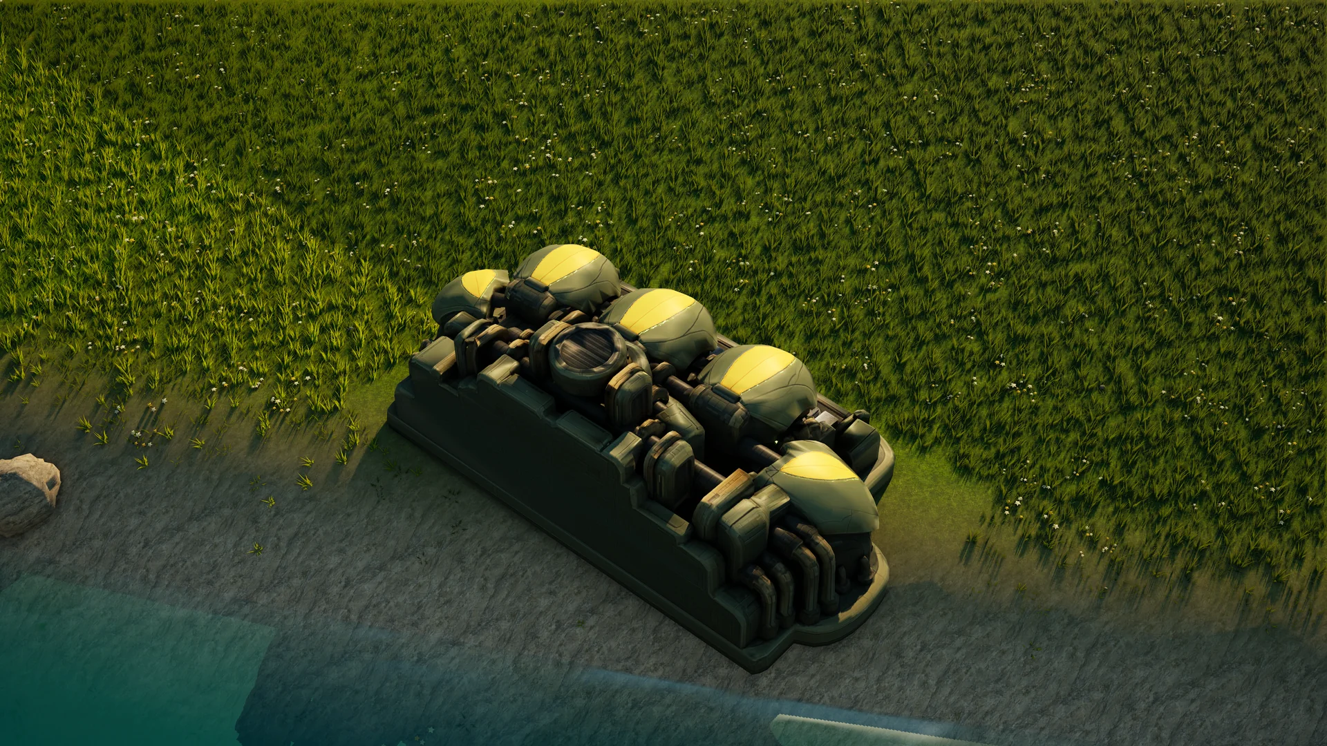 Mossglade Matter fabricator standing in Hearthland, viewed from above at a three-quarter angle