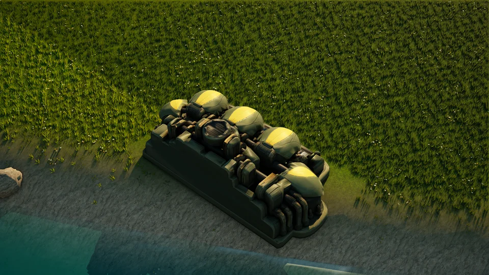 Mossglade Matter fabricator standing in Hearthland, viewed from above at a three-quarter angle