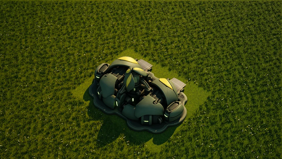 Mossglade Ground factory standing in Hearthland, viewed from above at a three-quarter angle