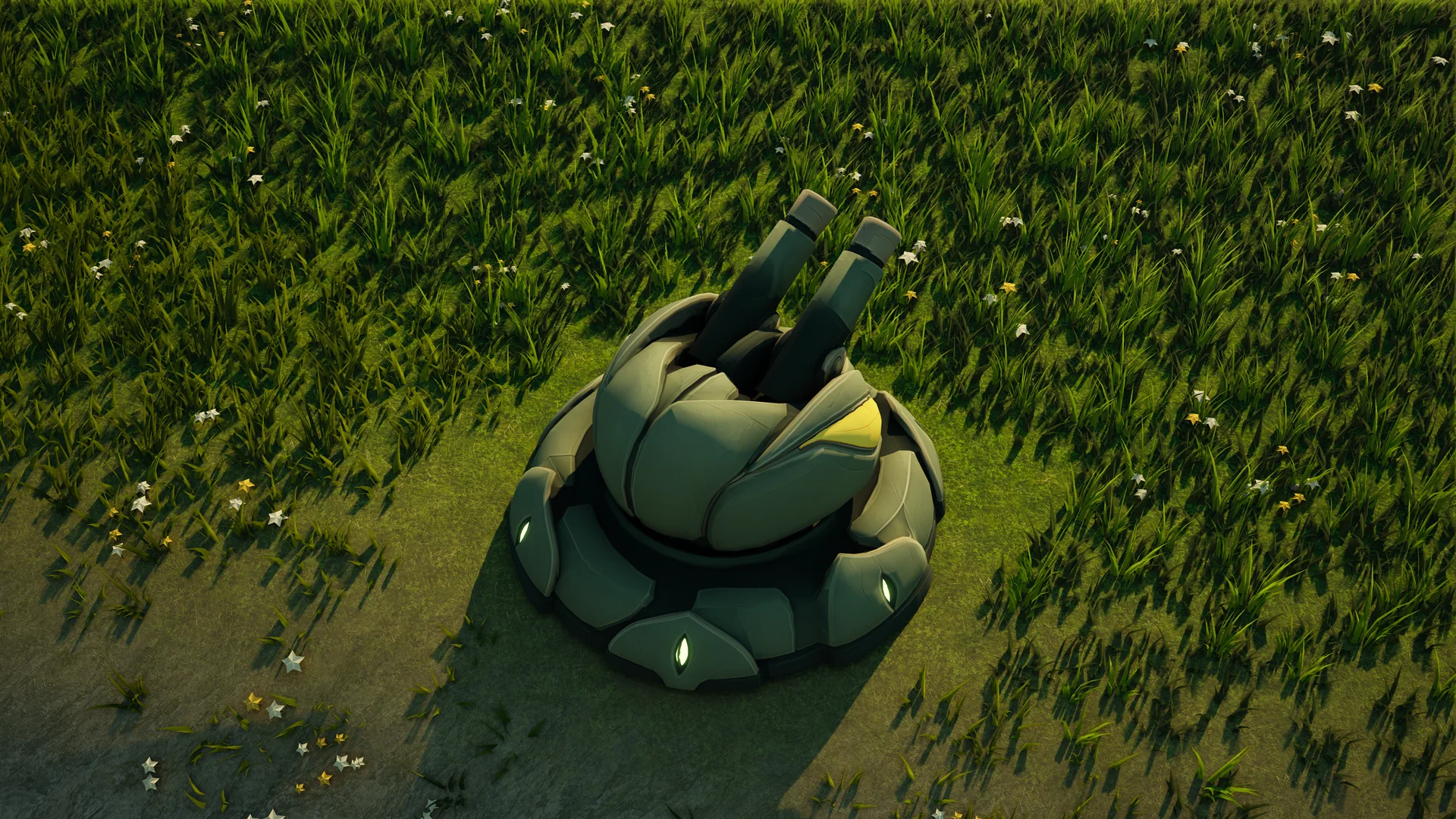 Mossglade Anti-air turret standing in Hearthland, viewed from above at a three-quarter angle