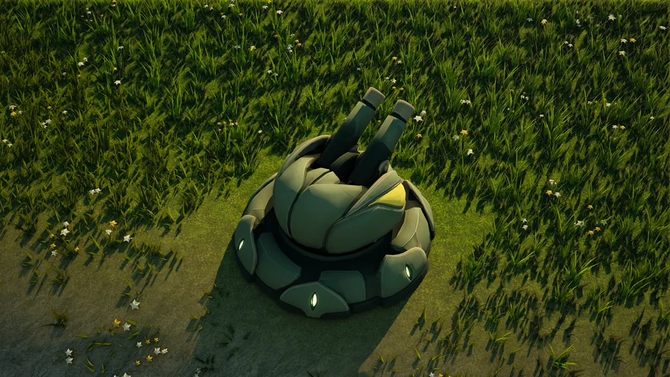 Mossglade Anti-air turret standing in Hearthland, viewed from above at a three-quarter angle