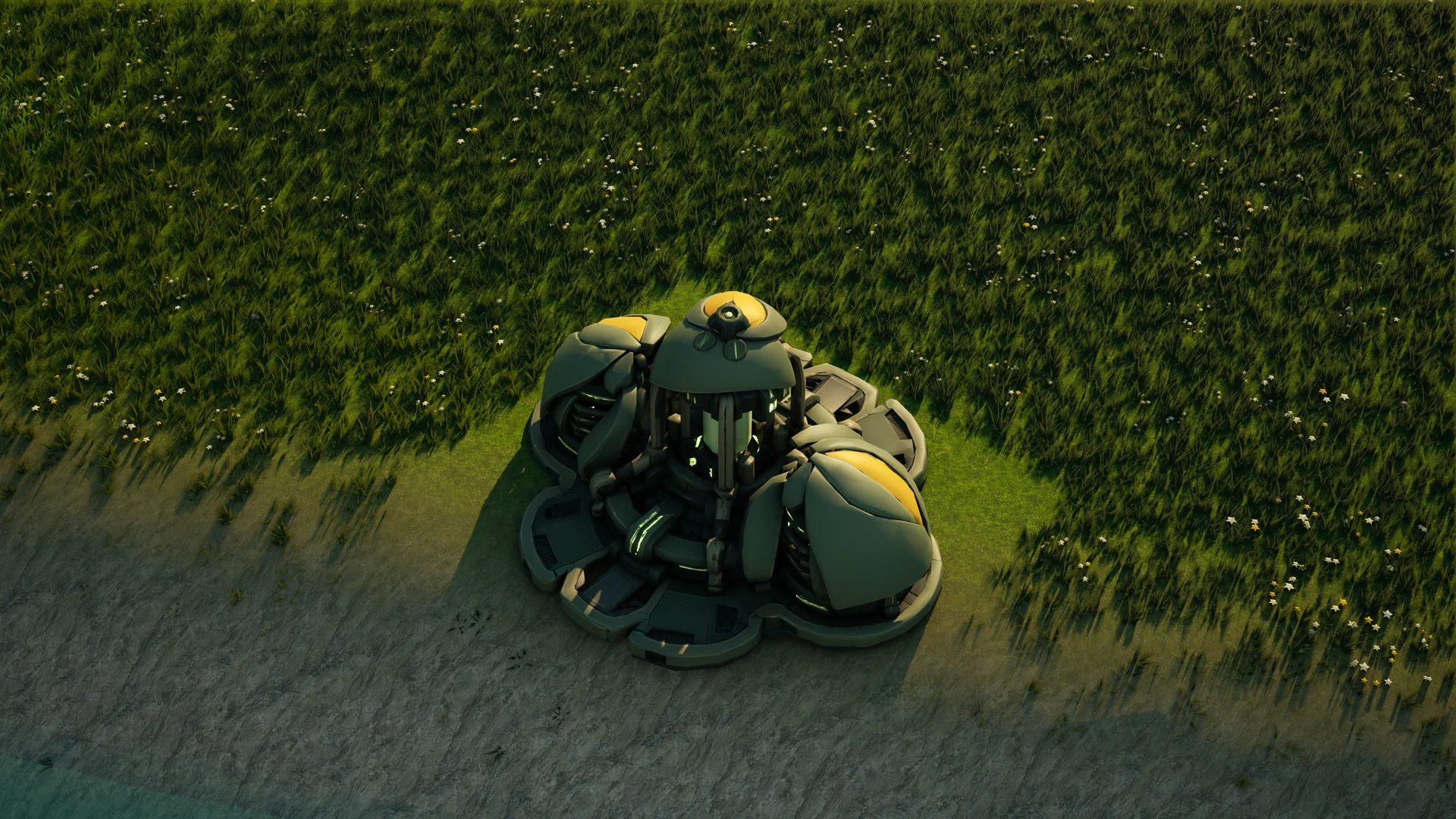 Mossglade Energy generator standing in Hearthland, viewed from above at a three-quarter angle