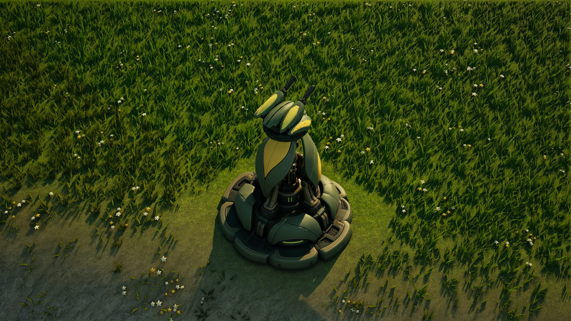 Mossglade Petal standing in Hearthland, viewed from above at a three-quarter angle