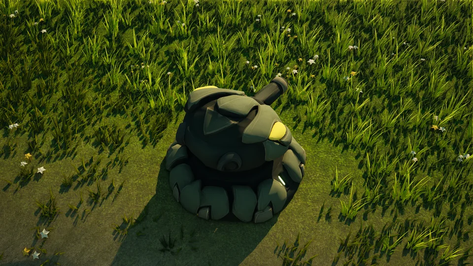 Mossglade Point-defense turret standing in Hearthland, viewed from above at a three-quarter angle