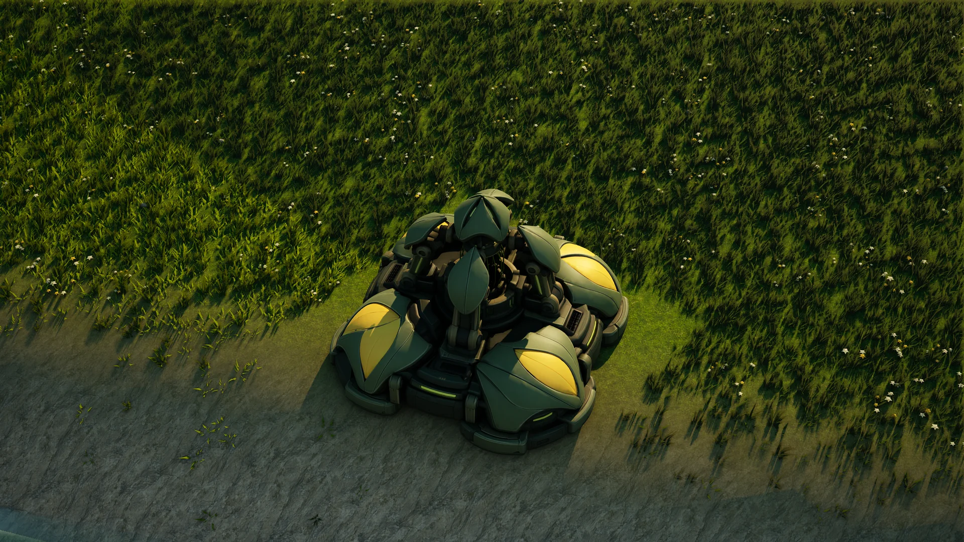 Mossglade Shield generator standing in Hearthland, viewed from above at a three-quarter angle