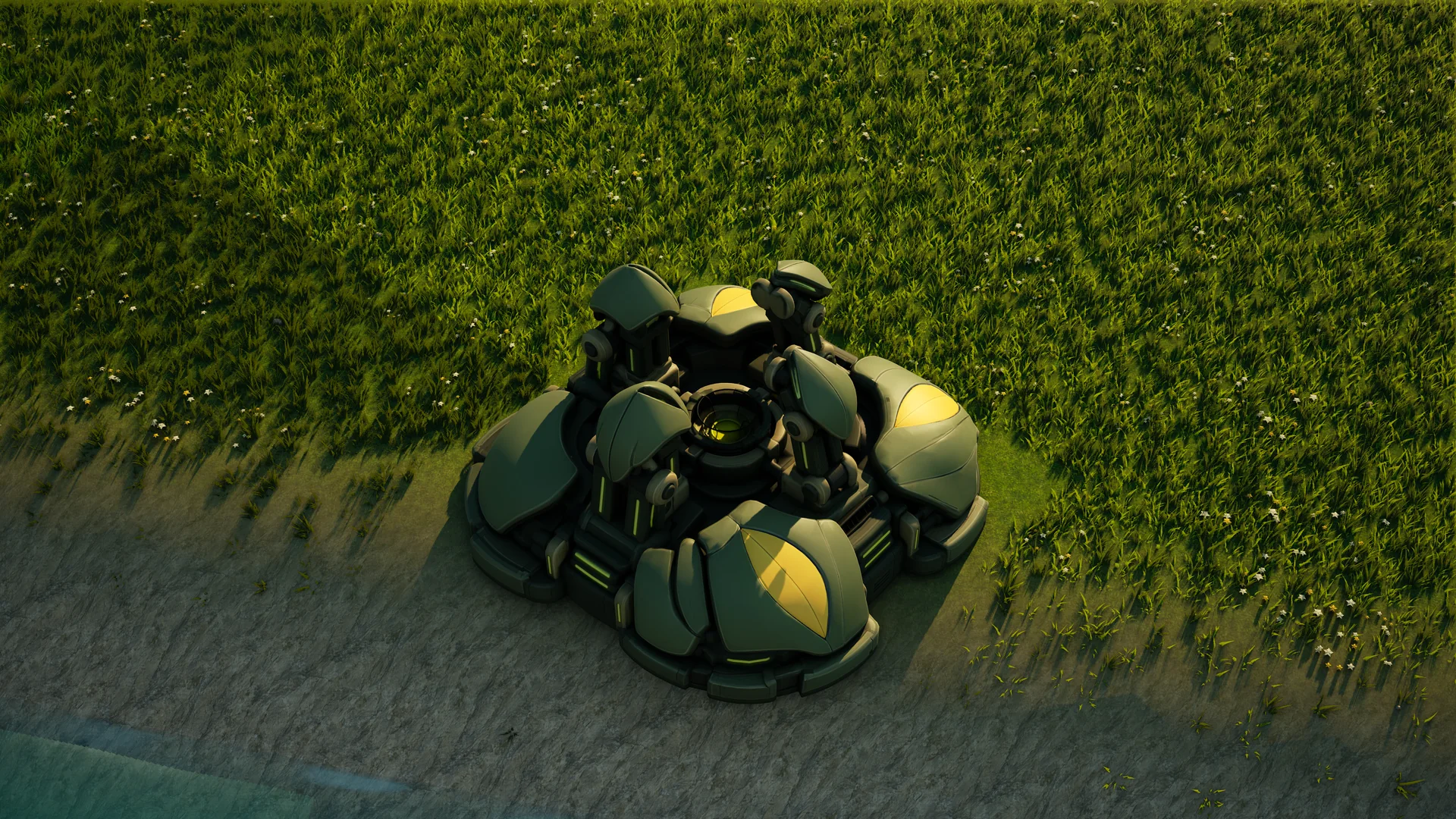 Mossglade Shield generator standing in Hearthland, viewed from above at a three-quarter angle