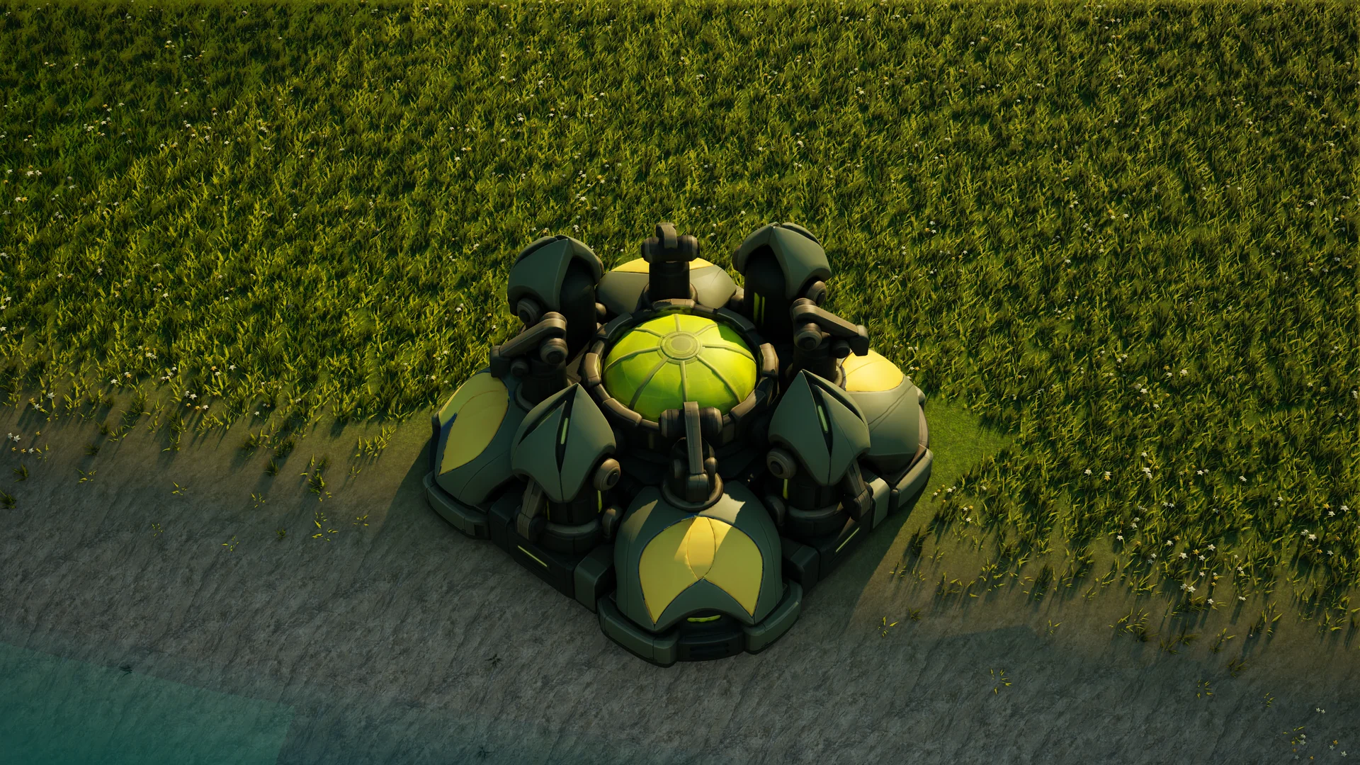 Mossglade Shield generator standing in Hearthland, viewed from above at a three-quarter angle