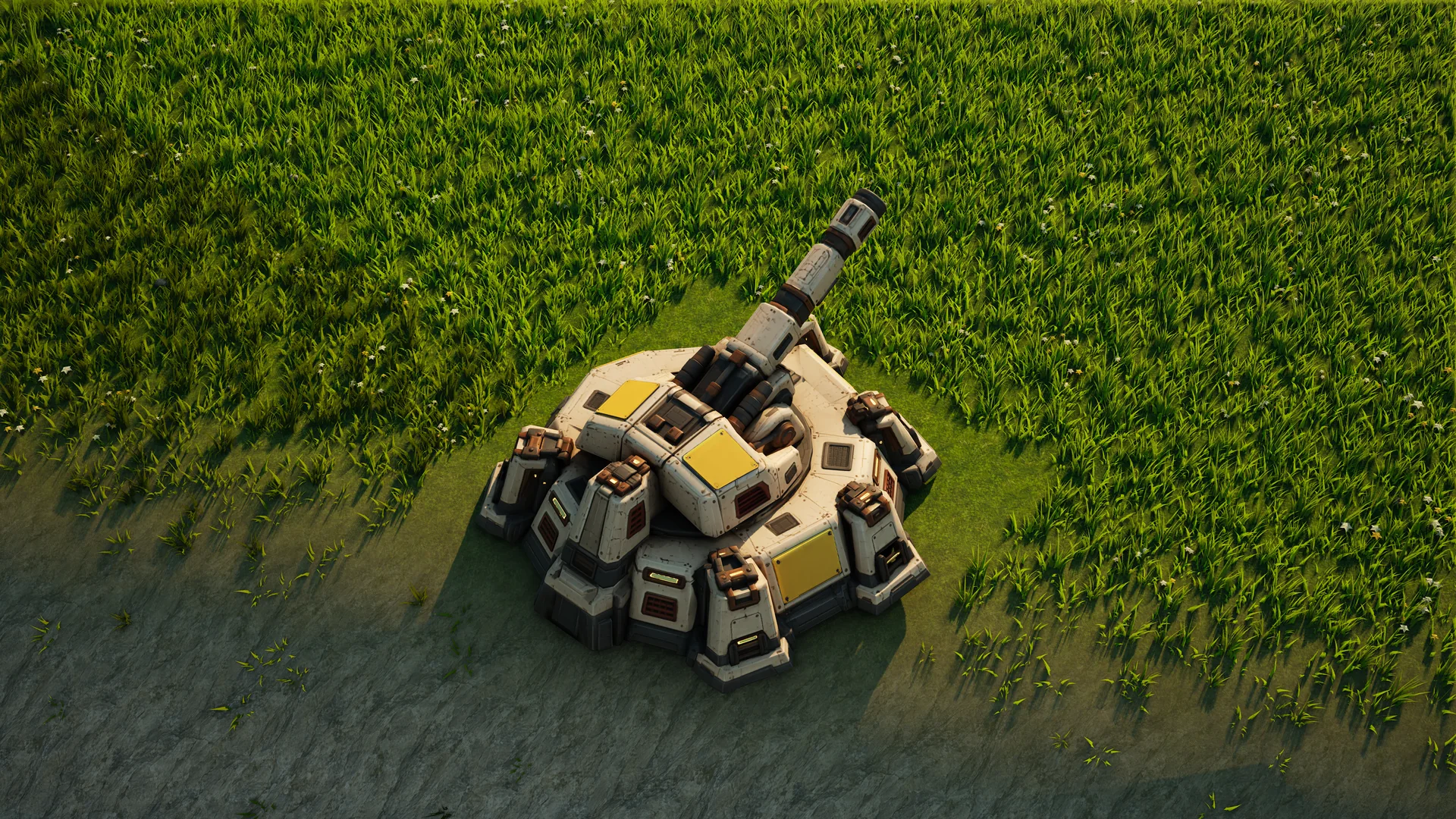 Sunhearth Artillery battery standing in Hearthland, viewed from above at a three-quarter angle