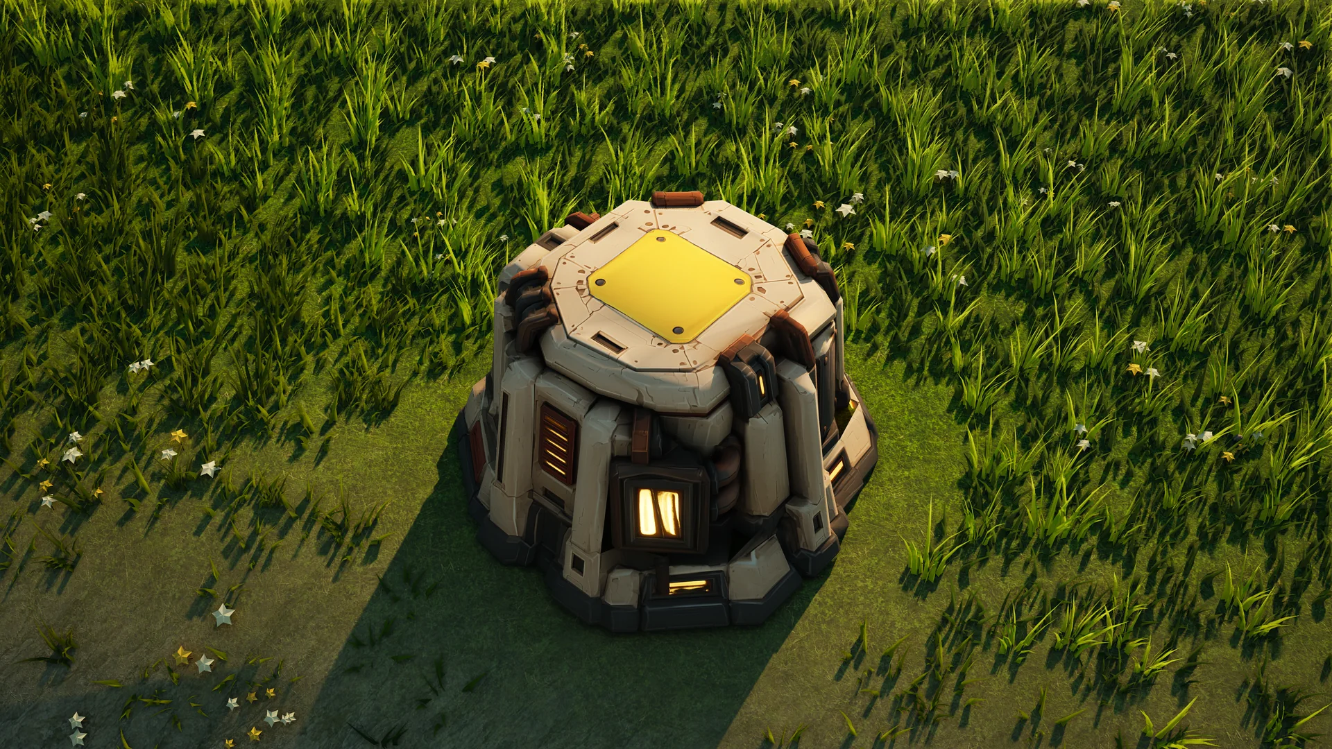 Sunhearth Energy storage standing in Hearthland, viewed from above at a three-quarter angle