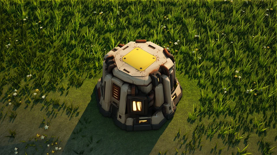 Sunhearth Energy storage standing in Hearthland, viewed from above at a three-quarter angle