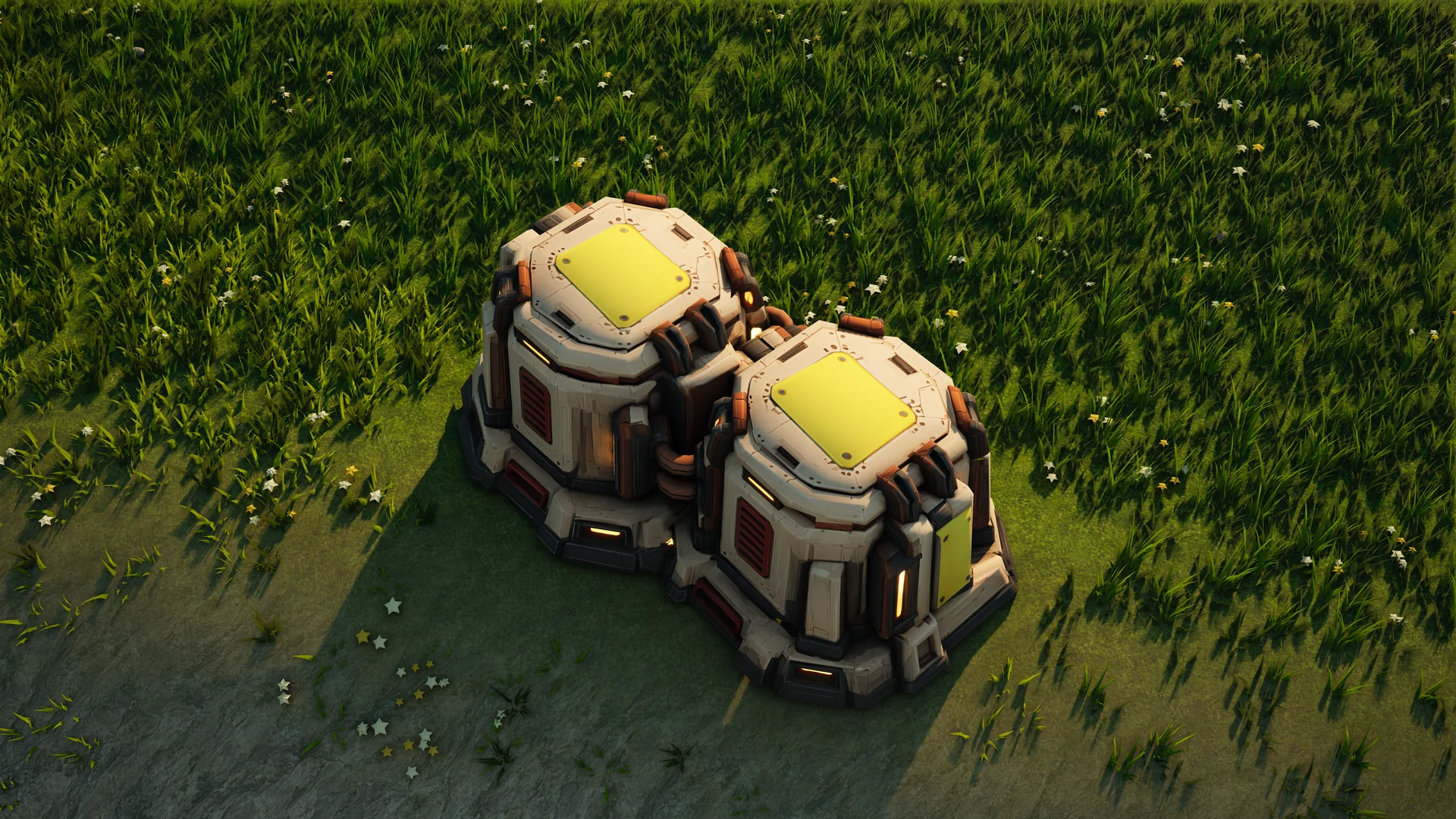 Sunhearth Energy storage standing in Hearthland, viewed from above at a three-quarter angle