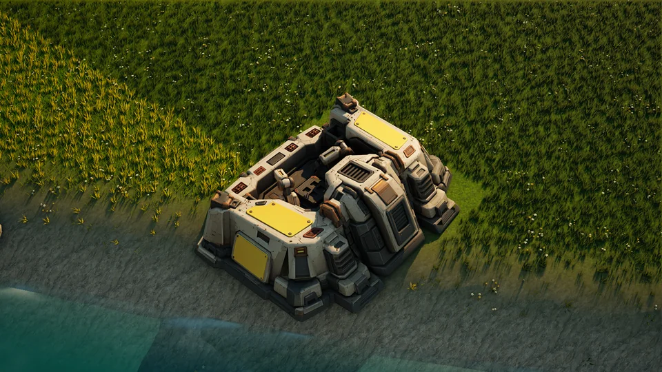 Sunhearth Engineering hub standing in Hearthland, viewed from above at a three-quarter angle
