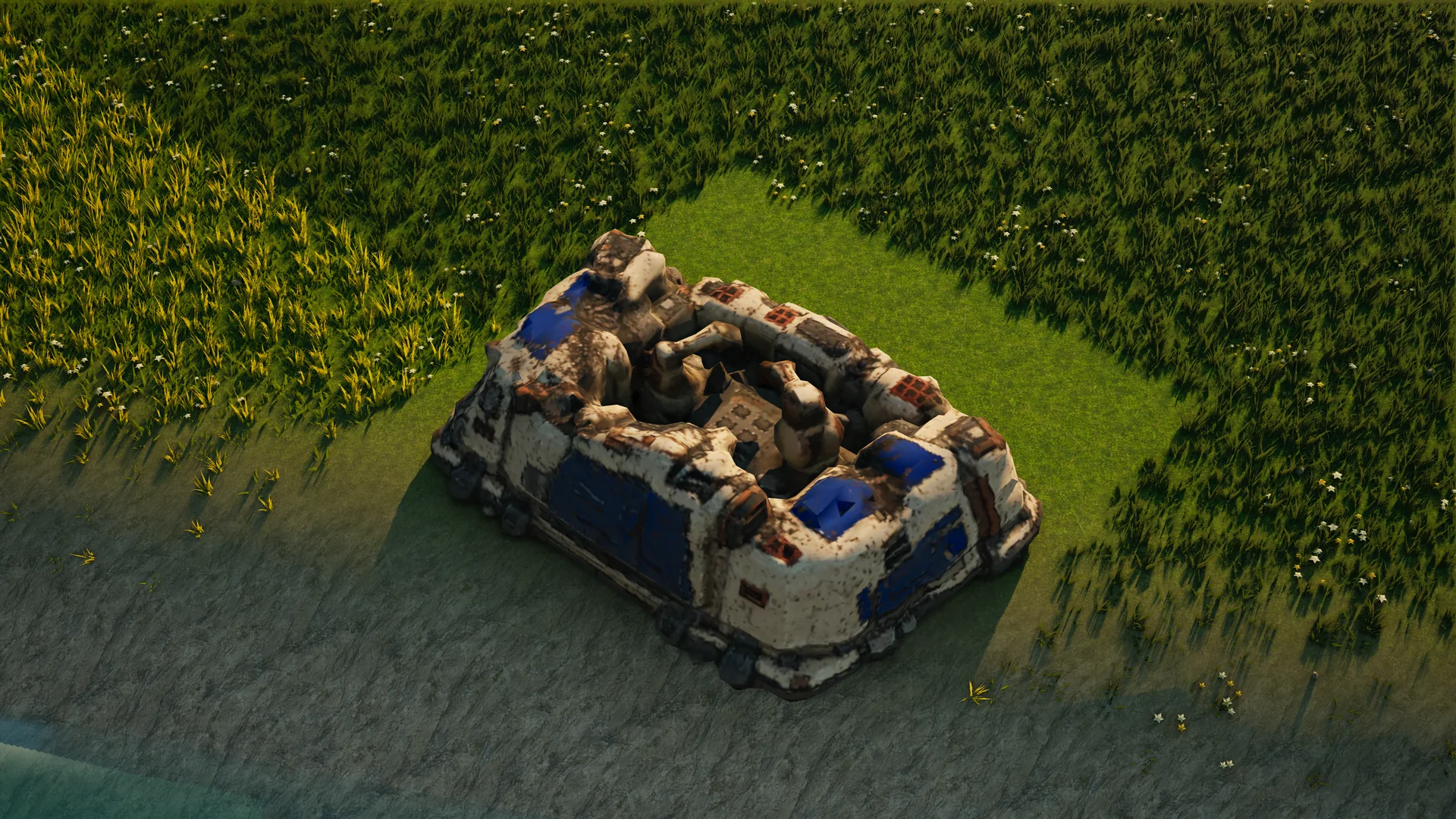 Destroyed Sunhearth Engineering hub, with collapsed armour and machinery