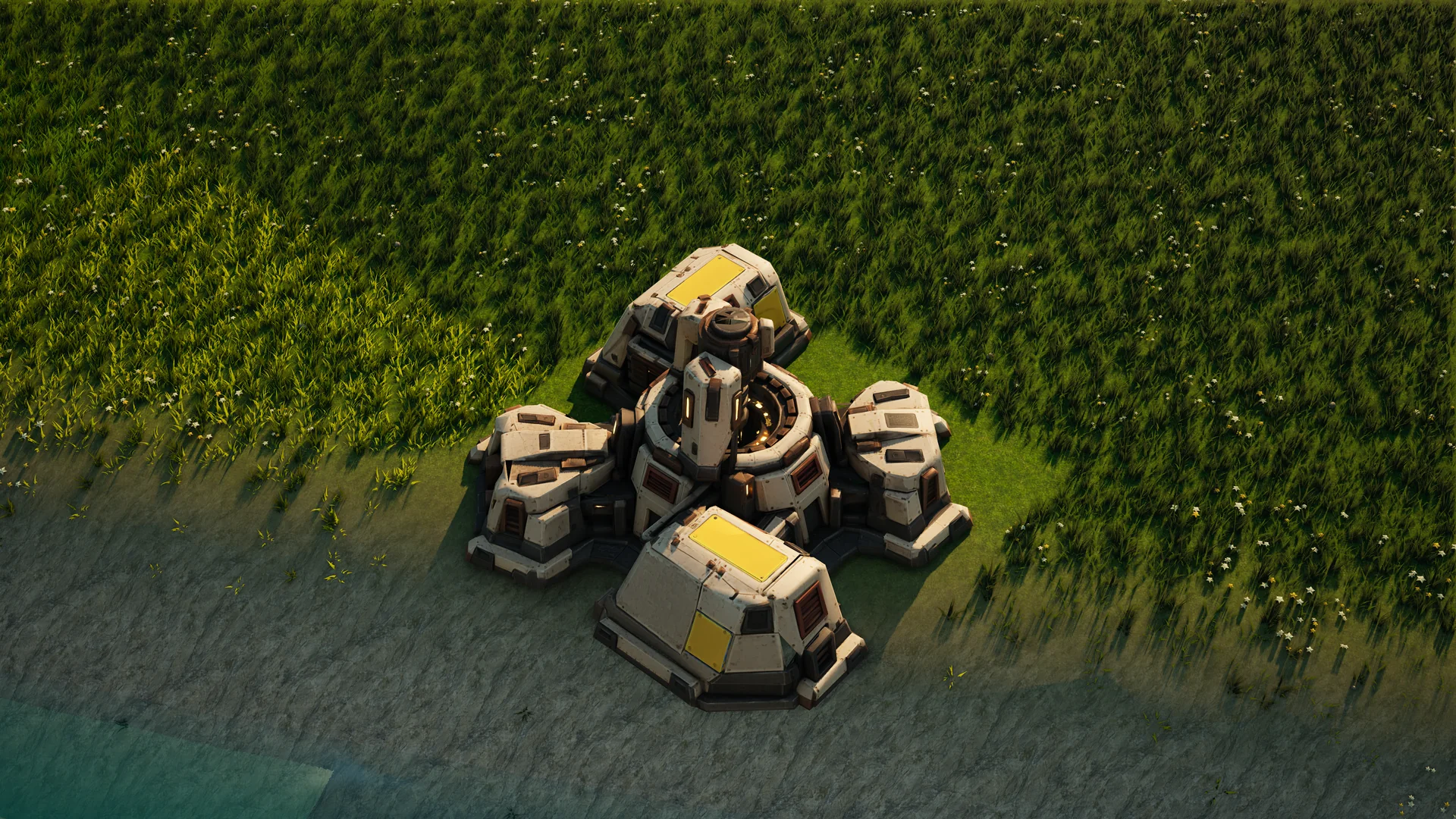 Sunhearth Matter extractor standing in Hearthland, viewed from above at a three-quarter angle