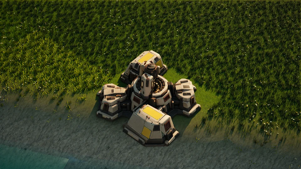 Sunhearth Matter extractor standing in Hearthland, viewed from above at a three-quarter angle