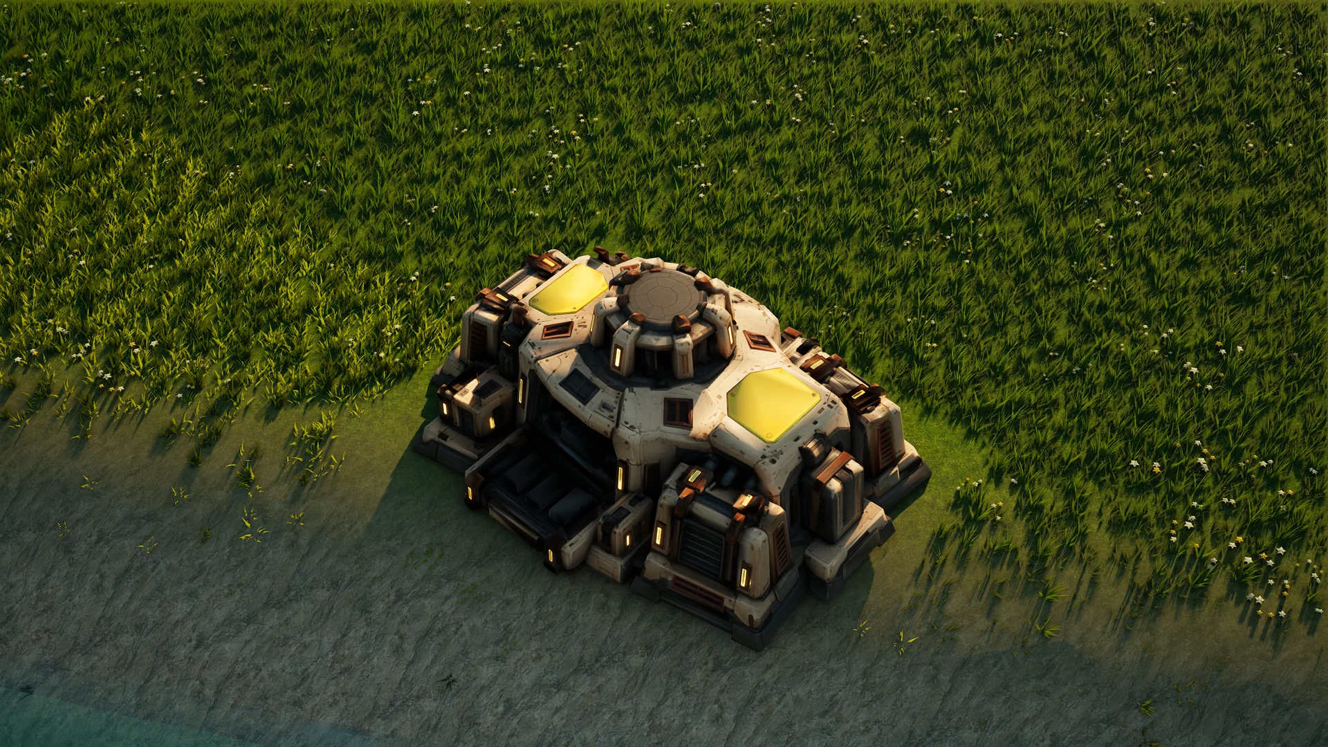 Sunhearth Matter fabricator standing in Hearthland, viewed from above at a three-quarter angle