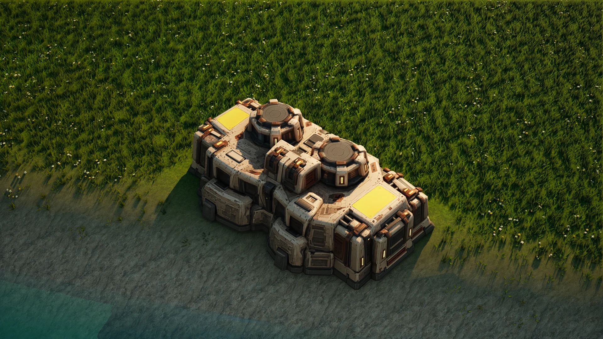 Sunhearth Matter fabricator standing in Hearthland, viewed from above at a three-quarter angle