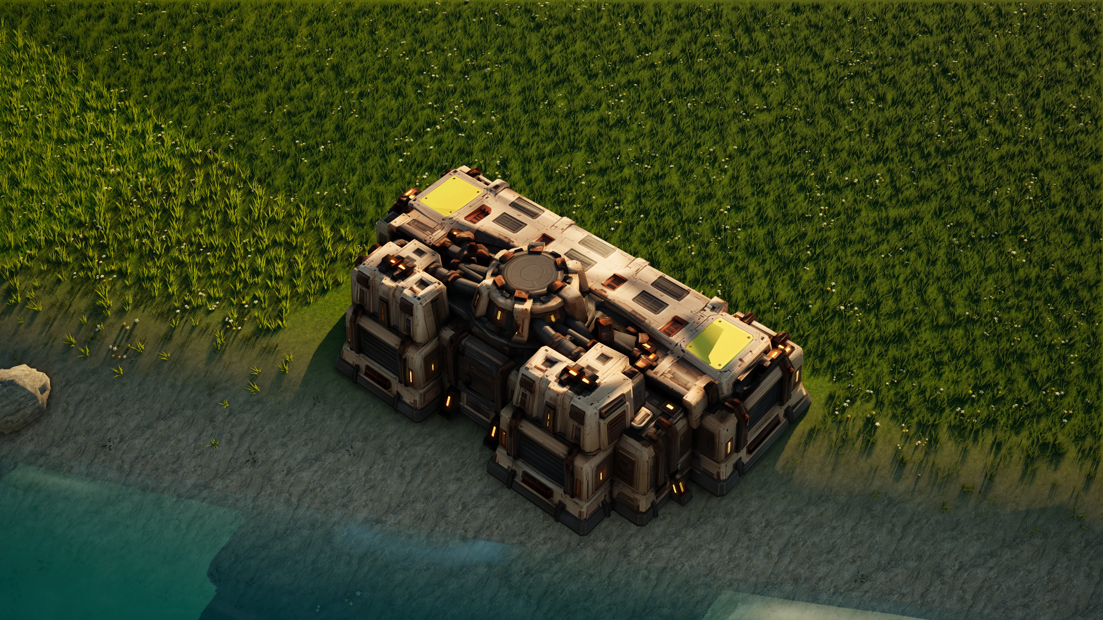 Sunhearth Matter fabricator à Hearthland, vu de trois quarts depuis le ciel